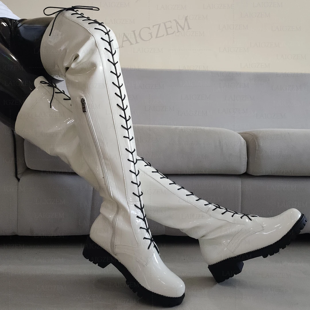 LAIGZEM Women Over Knee Boots Comfortable Round Toe 5CM Mid Heels Boots Side Zip Unisex Lady Shoes Woman Big Size 33 41 43 46 50