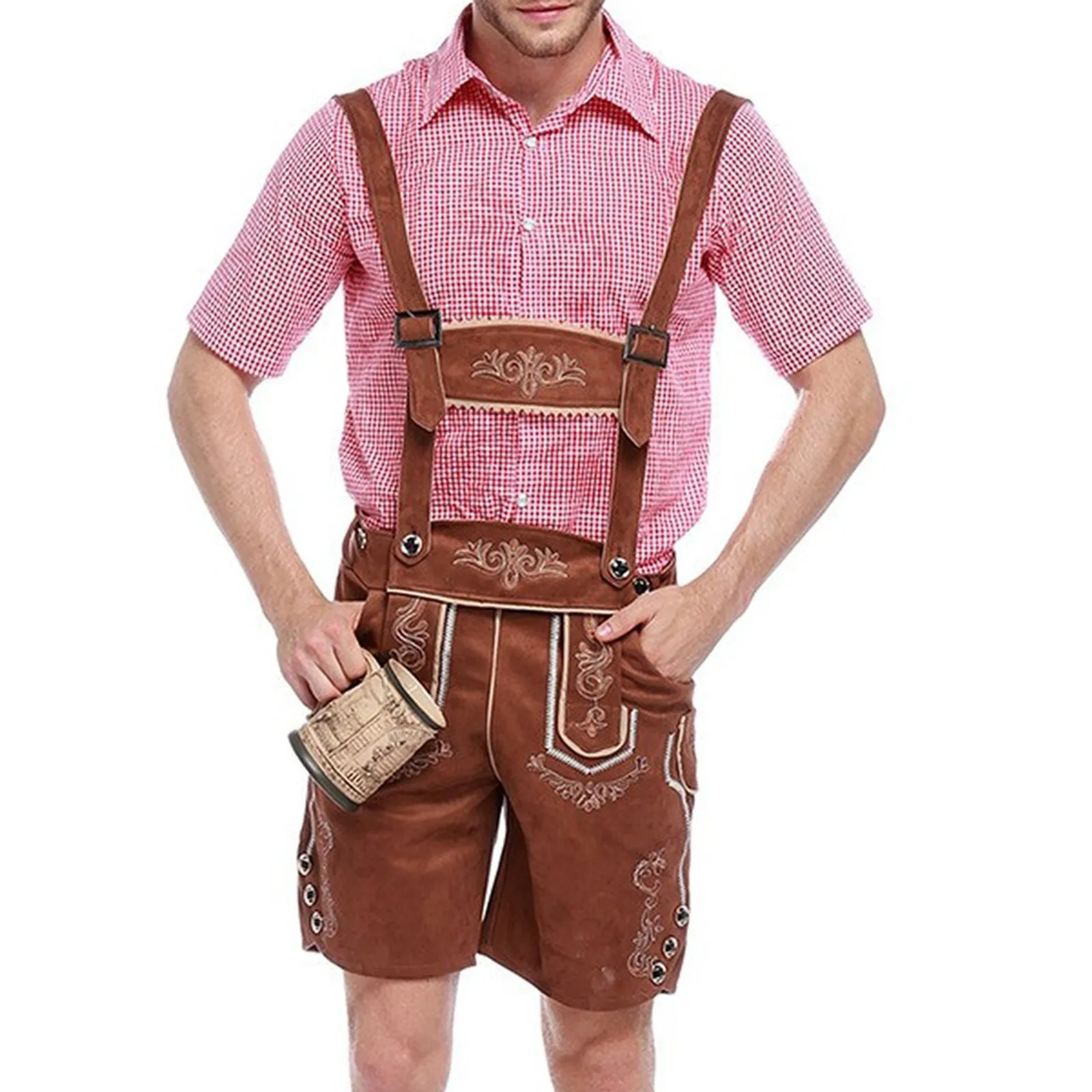 

Male Oktoberfest Lederhosen Costume Bavarian Octoberfest German Beer Costume Shirt Suspender Shorts Hat Cosplay Costumes