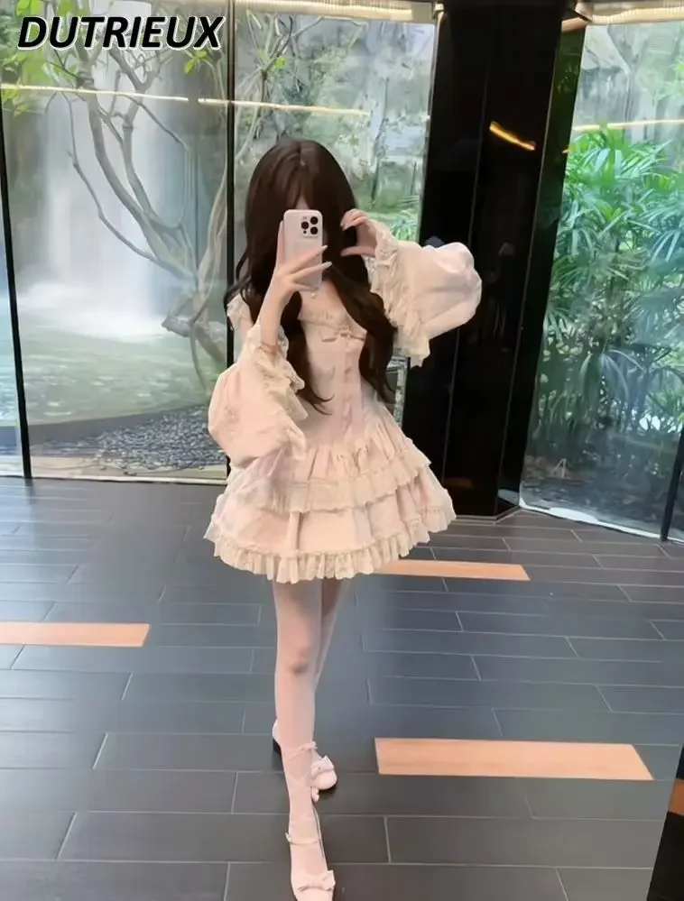 الخريف لطيف الرياح الحلو بناتي لوليتا القوس كشكش كم فستان لطيف الدانتيل الربط عالية الخصر كعكة منتفخ فساتين قصيرة #5