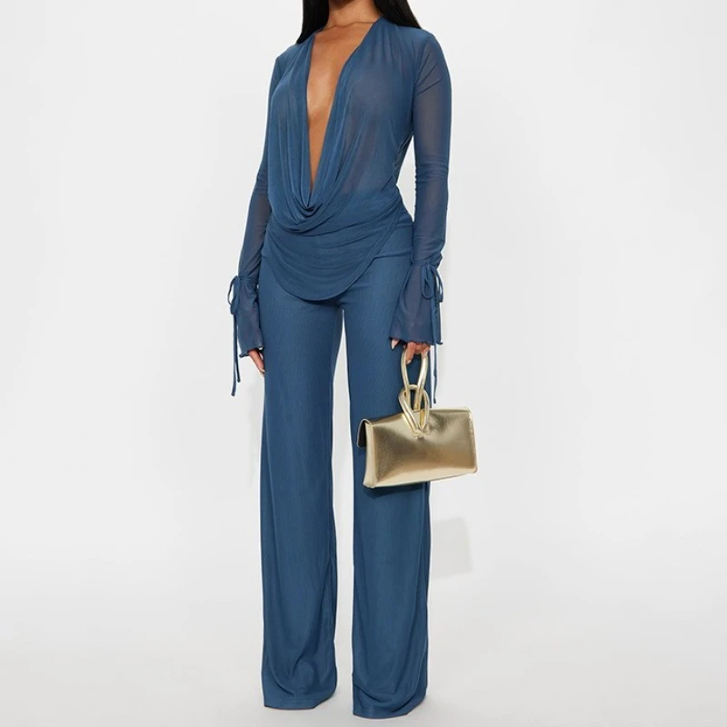 See Through Women 2 Piece Set Sexy Coquette Full Sleeve Swing Collar Tees+Straight Pants Simple Matching Set Clubwear 2025