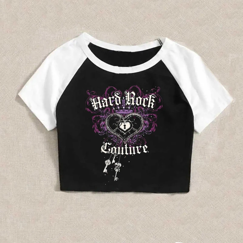 Retro Graphic Crop Top Black Short Sleeve O Neck Casual T Shirt for Women y2k Aesthetic Vintage Basic Tees Ladies Clothes