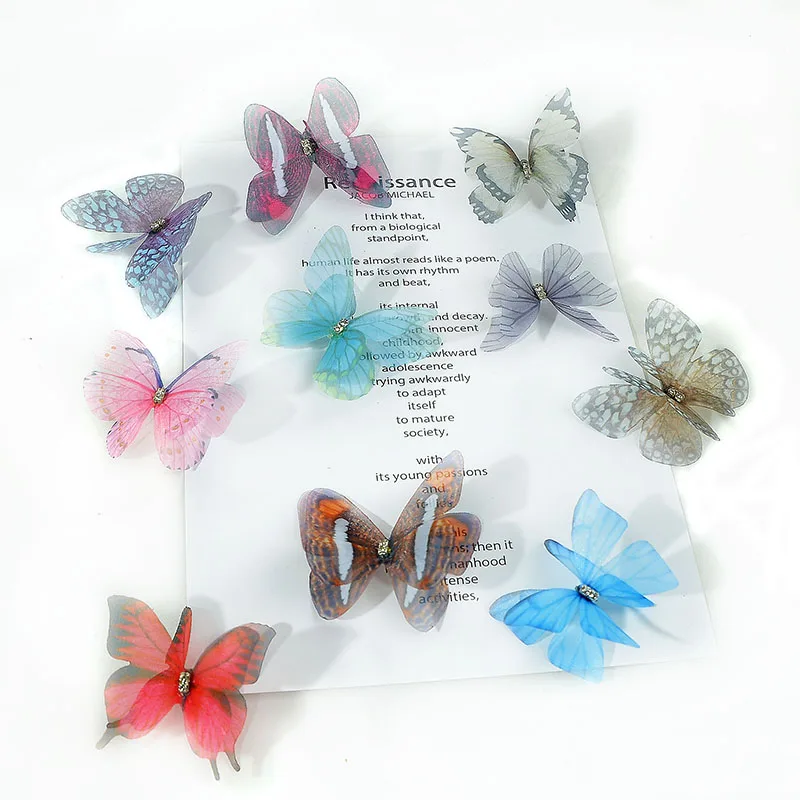 50Pcs 3D Two Layer Organza Butterfly Wall Stickers Rhinestone Appliques Translucent Chiffon Butterfly For DIY Making Home Decor