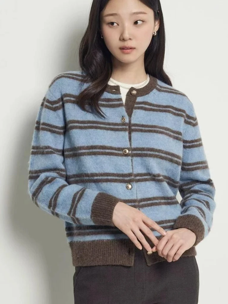 

Ретро-кардиган из шерстяной вязки для женщин: повседневный полосатый свитер в простом стиле, осенне-зимняя новинка для работы и отдыха