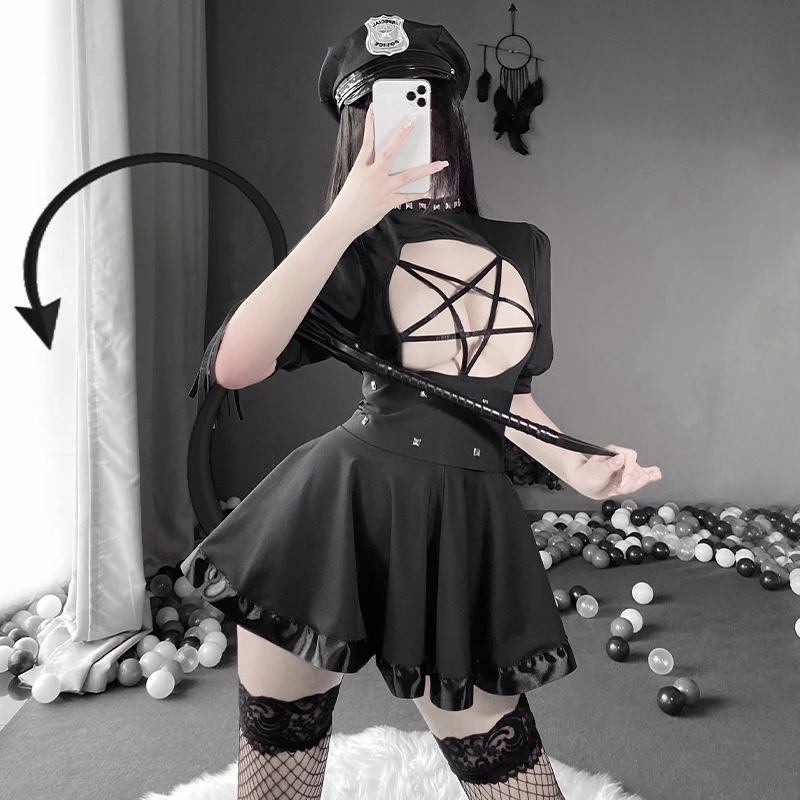 Sexy Women Devil Cosplay Dress Black Hot Pentagram Hollow Out Open Chest Uniform Temptation Demon Underwear Erotic Gothic Outfit