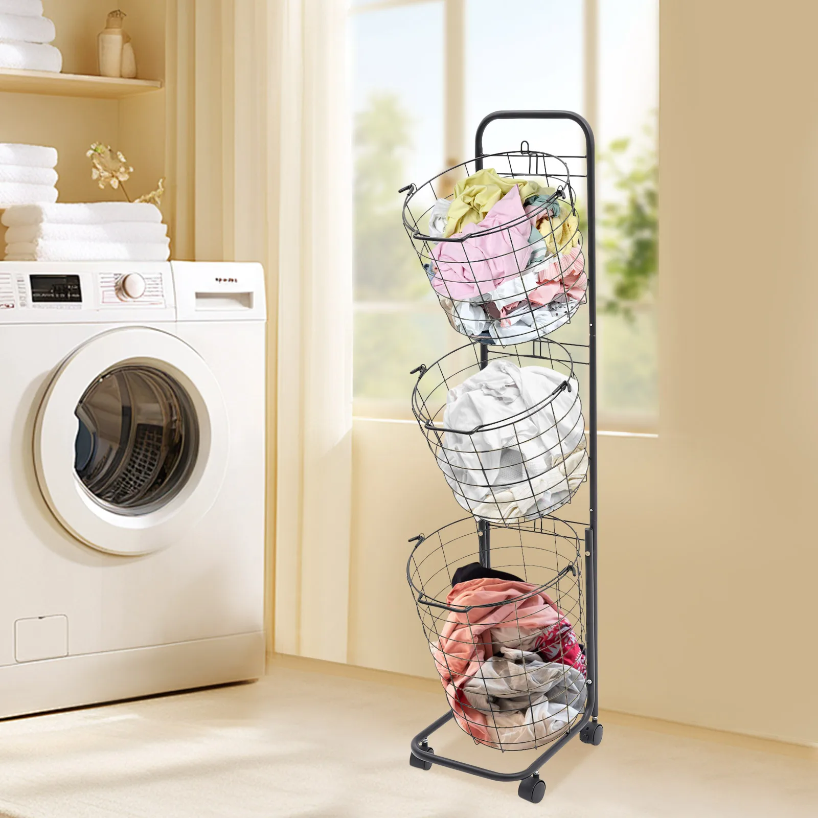 

3-Tier Vertical Clothes Sorting Laundry Basket, Dirty Clothes Rack, Durable Removable Metal Storage Organizer