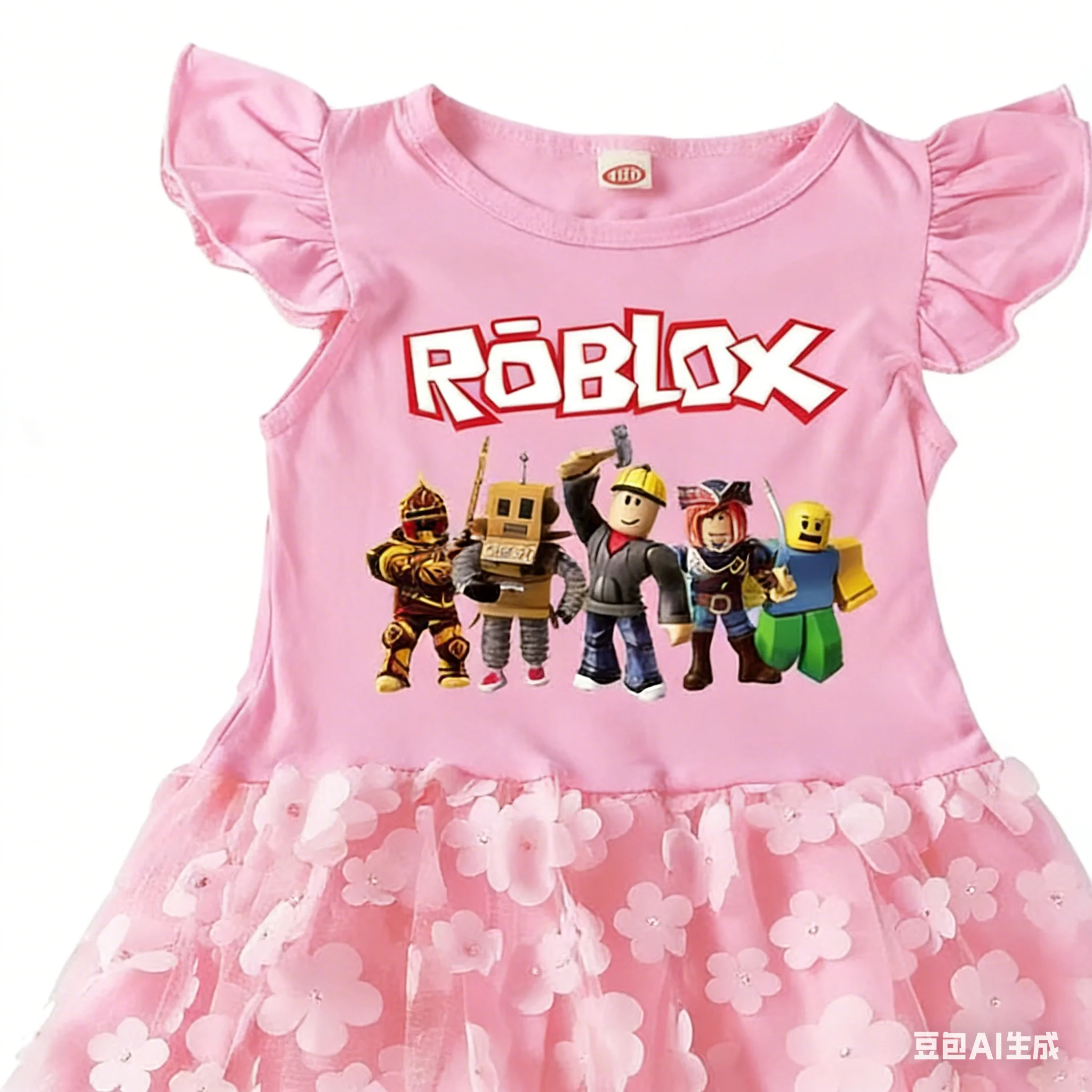 

Robloxs Creative Cartoon Cotton Dress for Girls Summer Top with Rainbow Skirt Lace Detailing Kids Party Evening Outfit Gift