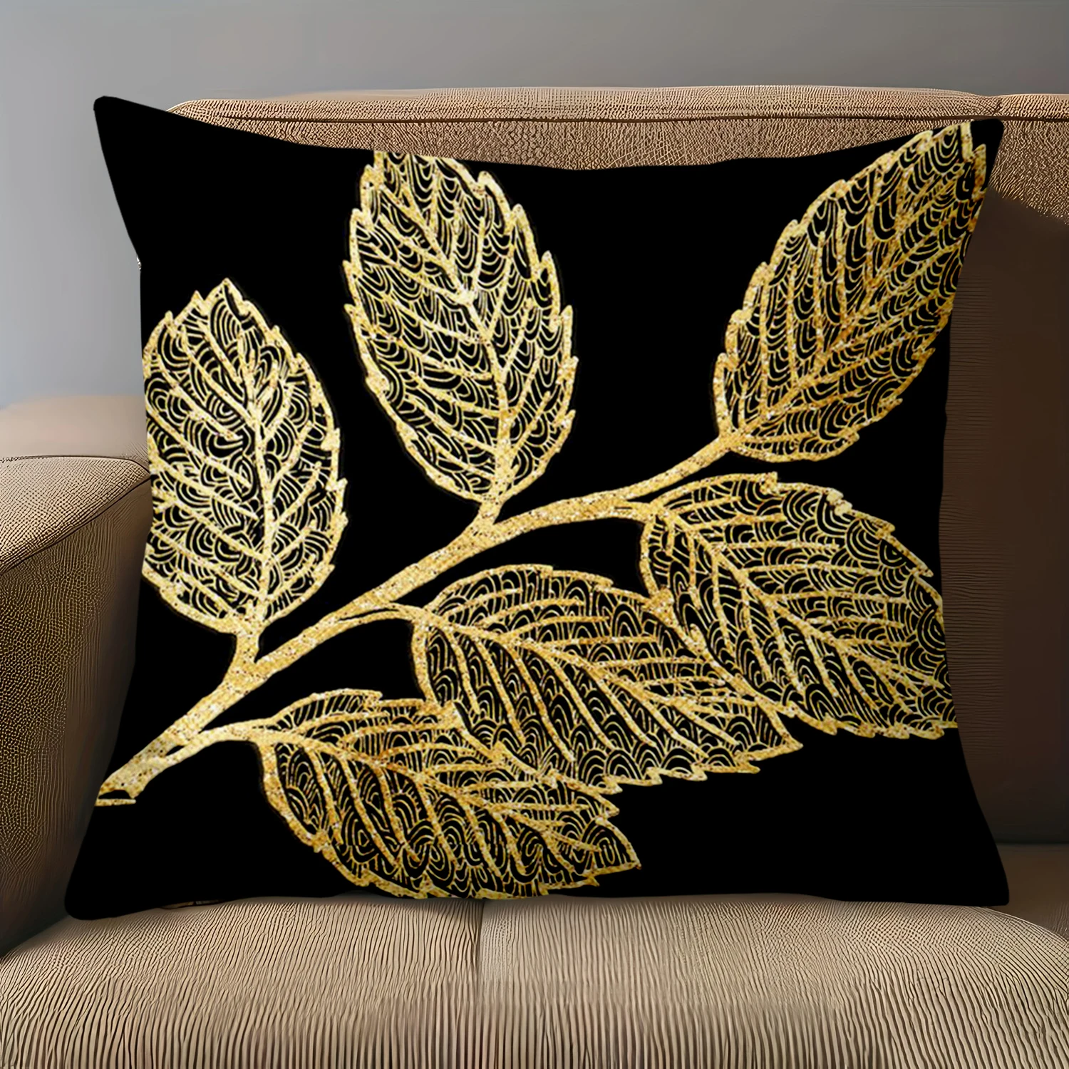 Double Sided Black Decorative Pillowcase with Golden Leaf - 2D Printed Patterned Cushion Cover for Sofa Home Decor, 1 Piece