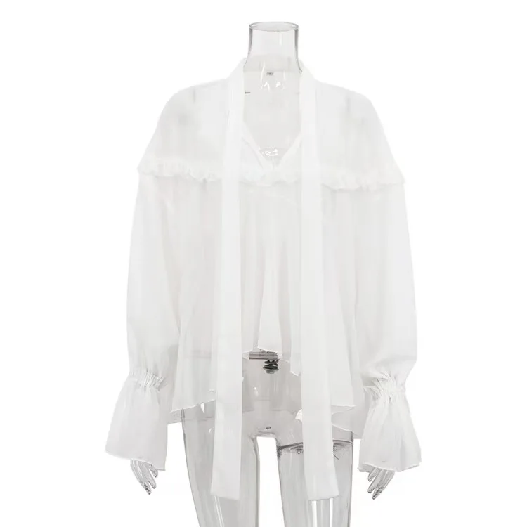 

Faionable Loose Long Sve Ruffled irt Women's Premium Quali Polyester Sunscreen Thin Bell Sve Pure Color irt