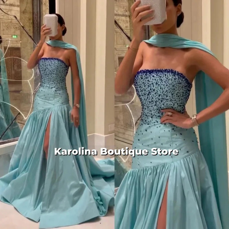 Strapless Prom Dresses A-Line Plus size Formal Dress Sleeveless Evening Gown Beading Open Leg Party Gowns customized
