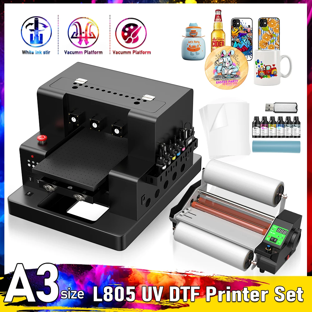 Impresora UV DTF A3 L805, Impresora de pegatinas UV DTF con barniz, impresoras UV DTF A3 para funda de teléfono, botella acrílica ABS