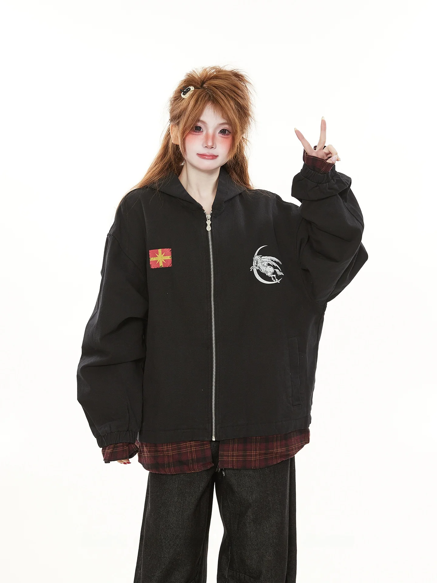 

Retro American College Sle Plaid Split Fake Two-Piece Jaet Women's Spring Autumn Loose Hooded Trendy Cotton Casual Coat