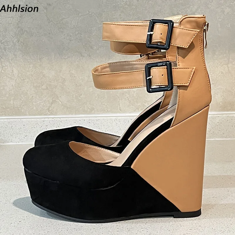 Ahhlsion Real Photos Women Platform Pumps Comfort Wedges Heels Round Toe Pretty Apricot Banquet Lady Shoes US Plus Size 5-20