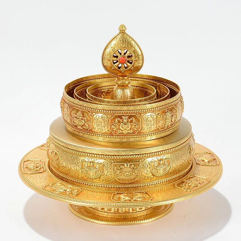 4 Layer Tibetan Manza ,Golden Engraving Flowers Tantric Handicraft Altars Shura Dish, Desktop Buddhist Religious Item,1Set - Image 4
