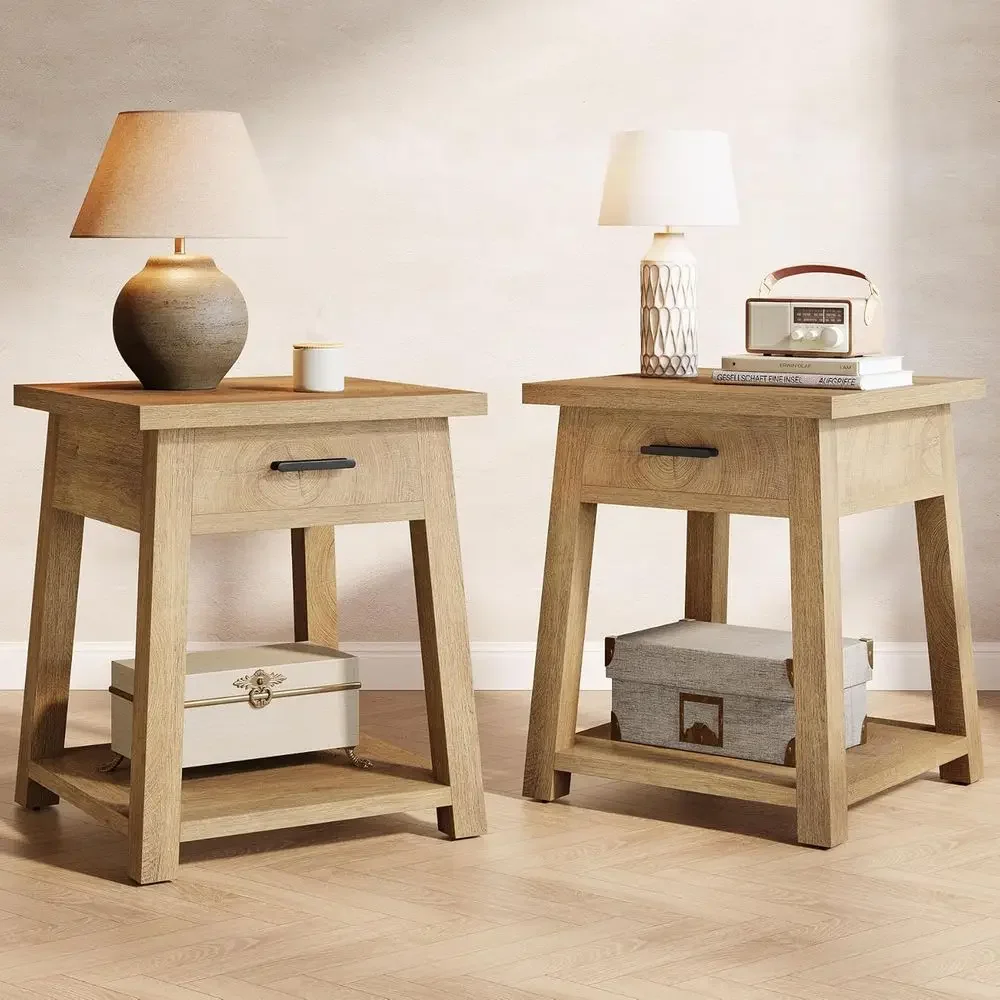 

Side Table Set o 2, Wooden End Table with Der Storage, Rustic Nightstands or Bedroom, Living Room, Oice and Small Spaces