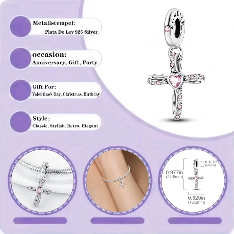 

Charm Pearl 925 Silver Women's Cross Pink Zirconia Pendant Fit Original Plate Bracelet DIY Fashion Jewelry Gift
