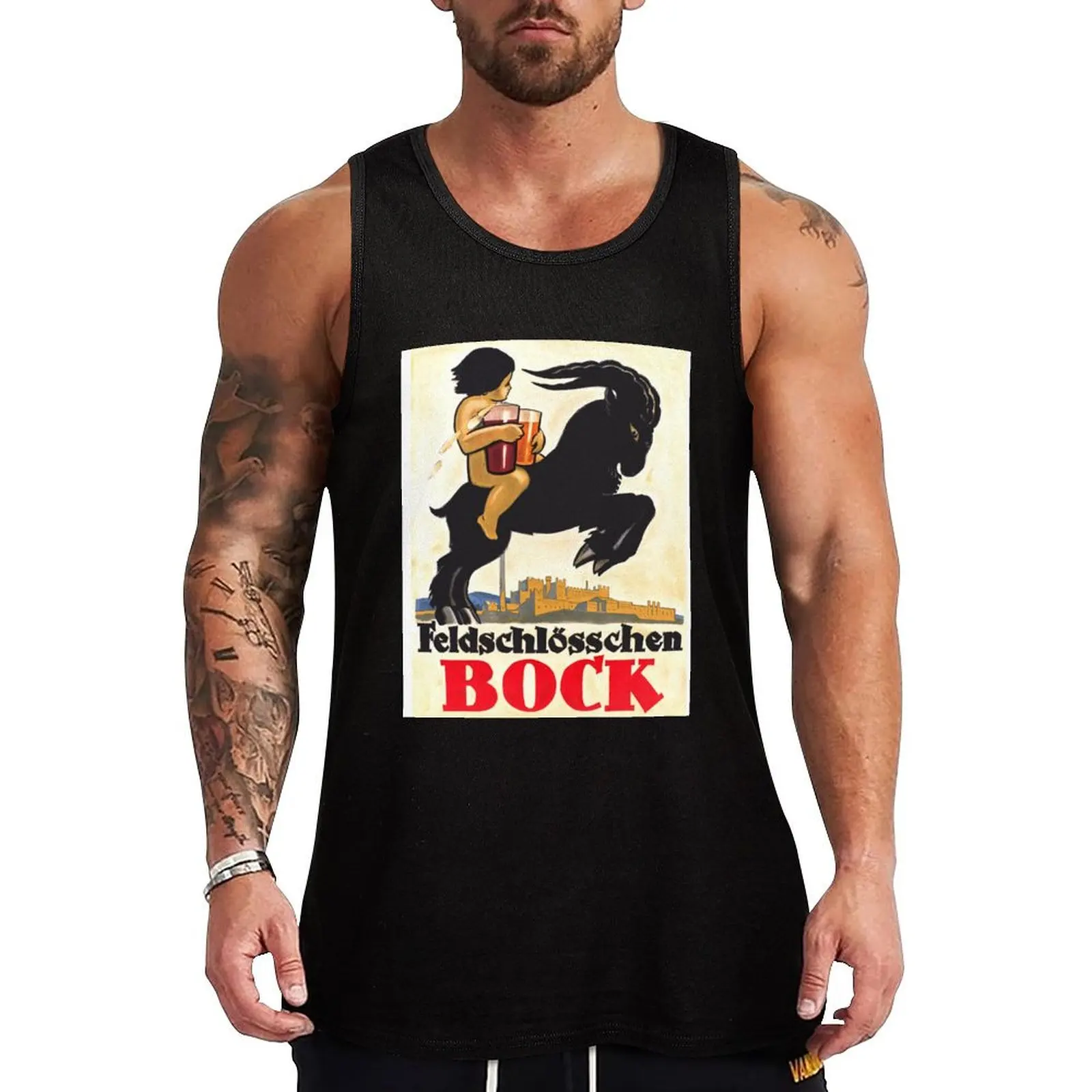 

1910 Feldschlsschen Bock Brewery Beer Advertising Poster Tank Top Men's gym Bodybuilding shirt