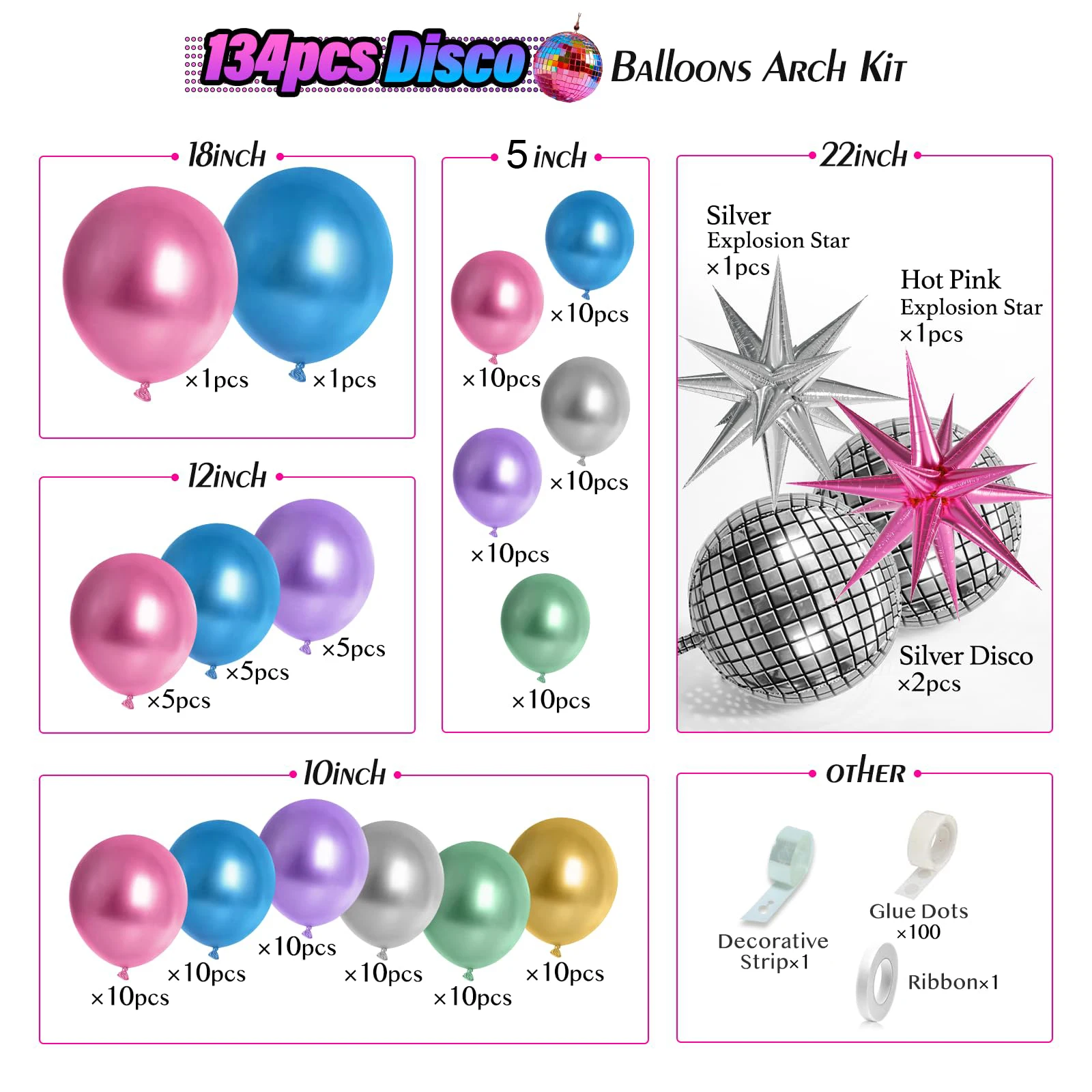 134pcs Disco Party Balloons Arch Kit Disco Ball Silver Blue Hot Pink Gold Starburst Balloons for Birthday 70S 80S 90S Decoration