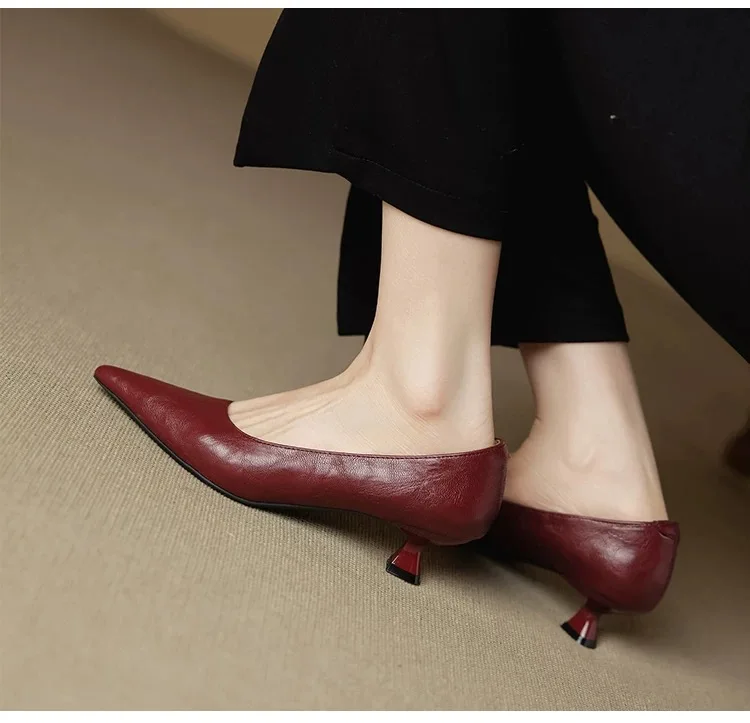 Women's Cow Leather Pointed Toe Slip-on Pumps High Quality Soft Comfortable Elegant Ladies Thin High Heel Slim Dress Shoes