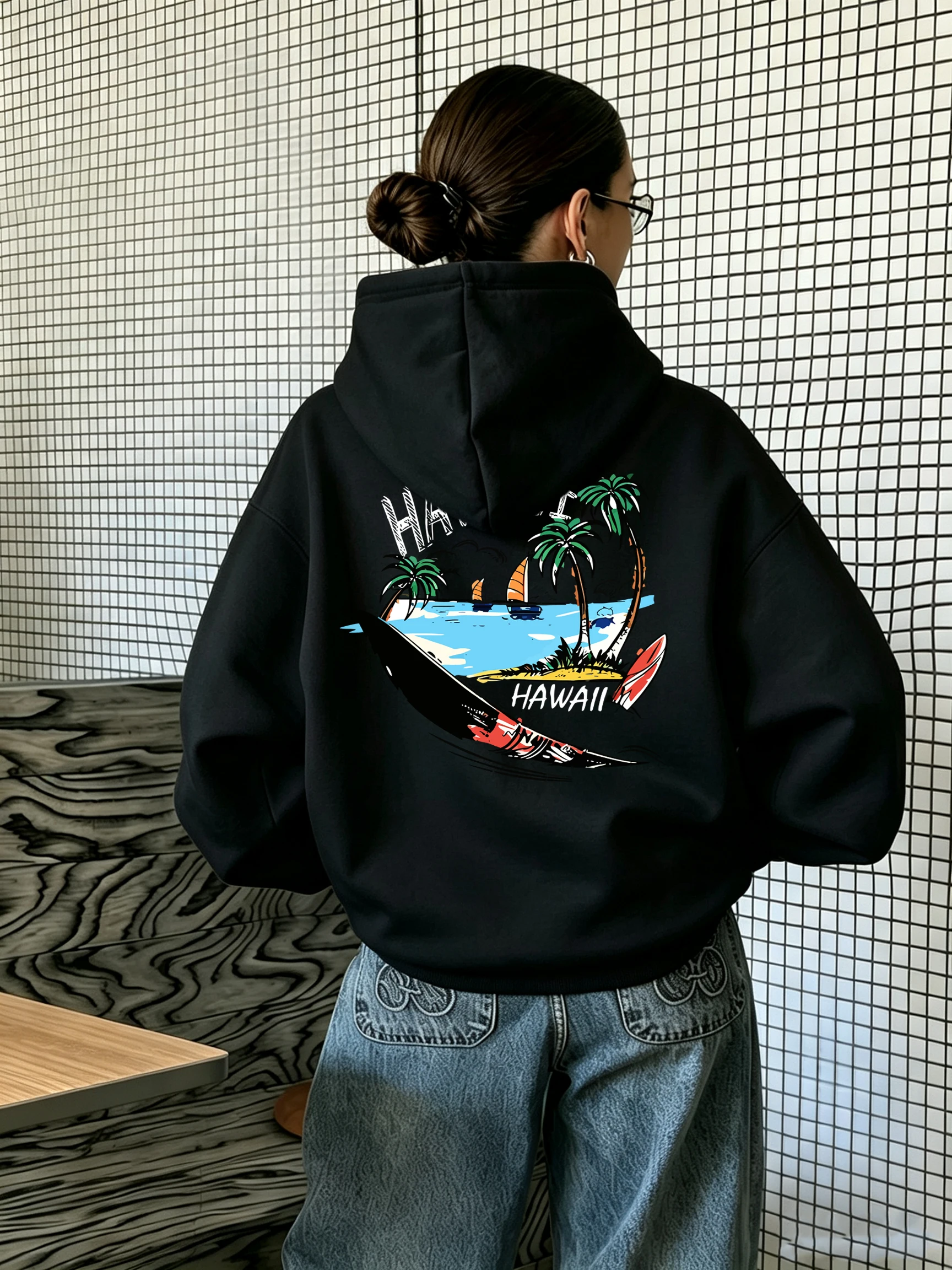 Hawaii Surfing Coconut Tree Design Women Crewneck Casual Creative Tops Fleece Hip Hop Clothing Comfortable Fashion Hoodies