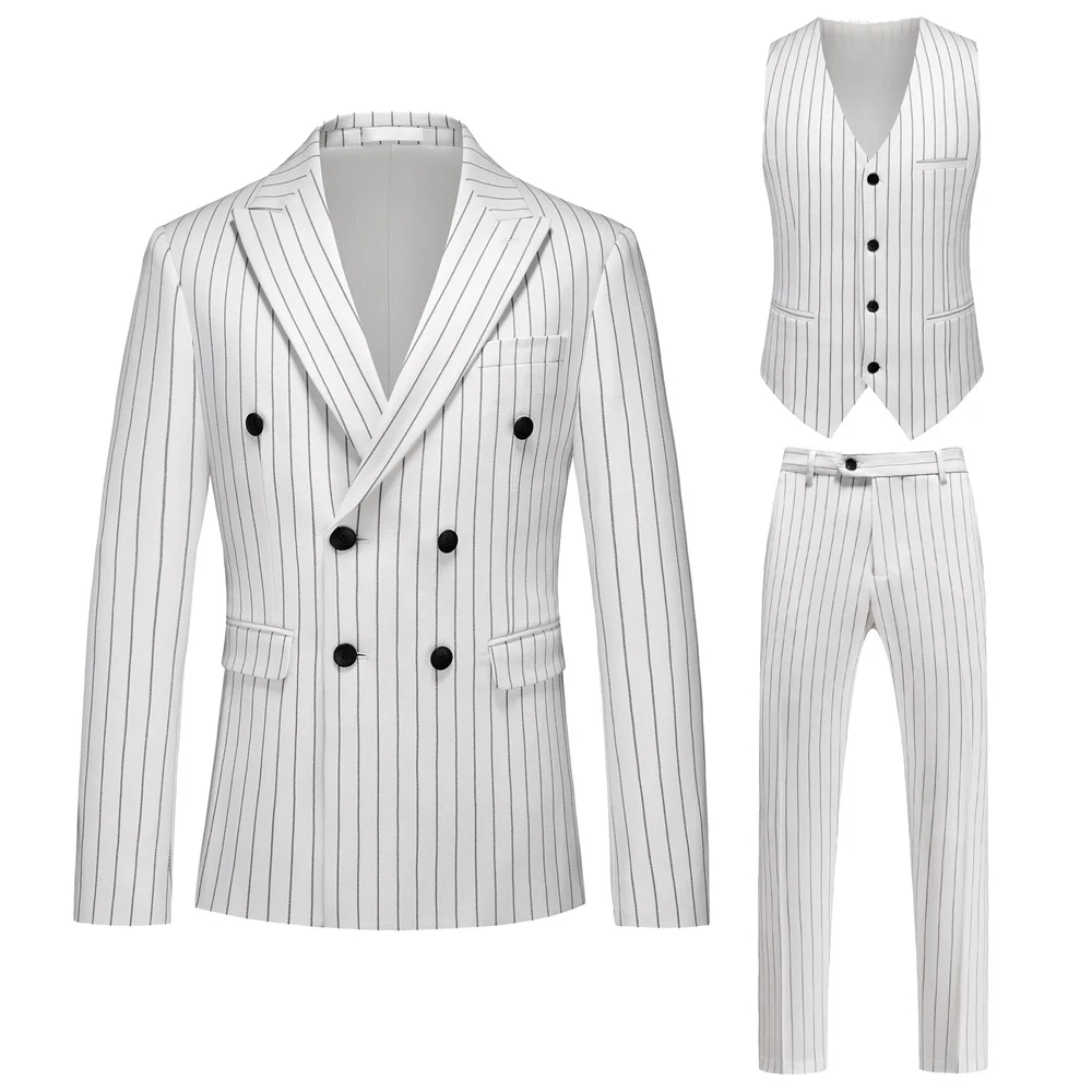 2026 New Men\'s Red Striped Three-piece, Wedding Business Men Sets, White Blue Black Terno Masculino Asian Sizes Costume Homme