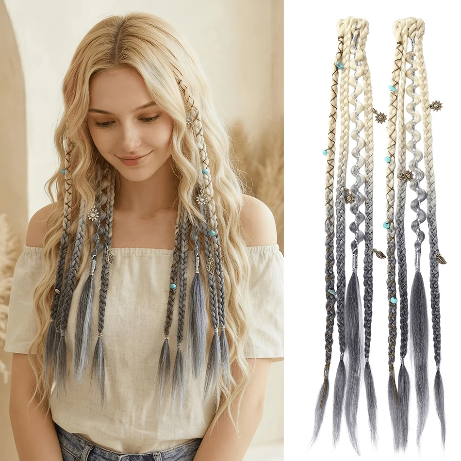 Bohemian Style Synthetic Handmade Twists Braid Hairpiece With Beads Charms 20" Boxing Braids With BB Clip For Hot Girls Cosplay