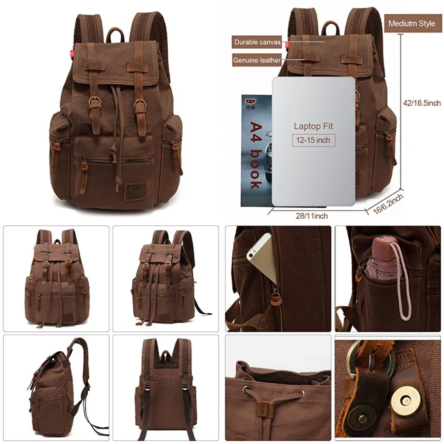 

High Capacity Canvas Vintage Backpack - for School Travel 12-15" Laptop Backapcks for Men Casual Daypacks Rucksack M