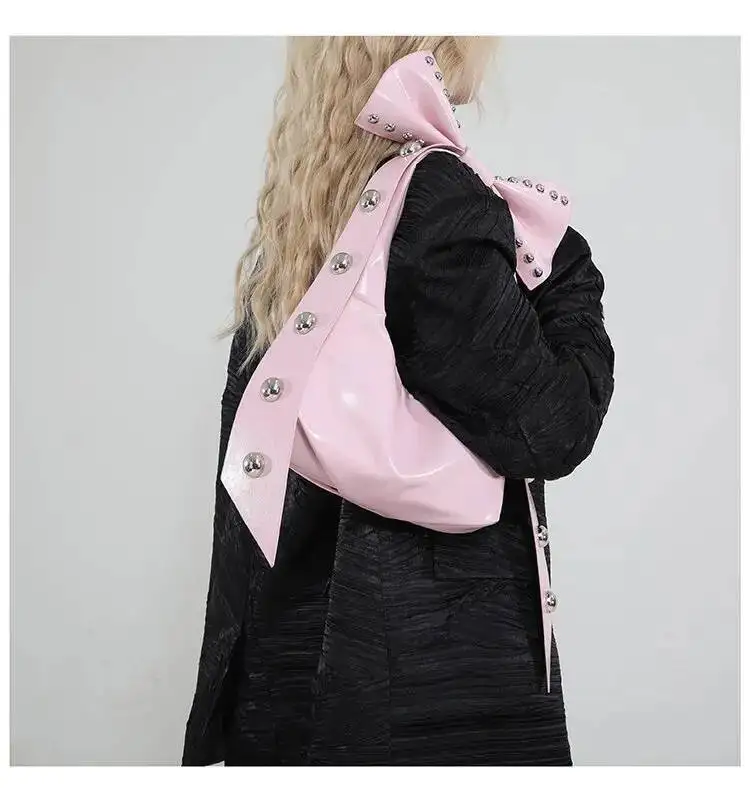 Bloom Fairy Core Aesthetic Pink Bow Shoulder Bags For Women Versatile Rivet Pu Leather Y2k Handbag Hot Girls Underarm Bag 2025