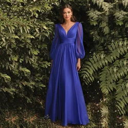 Elegant Royal Blue Evening Dress with Long Sleeves Prom Gown A-Line Long Wedding Party Dress Robe de Soiree