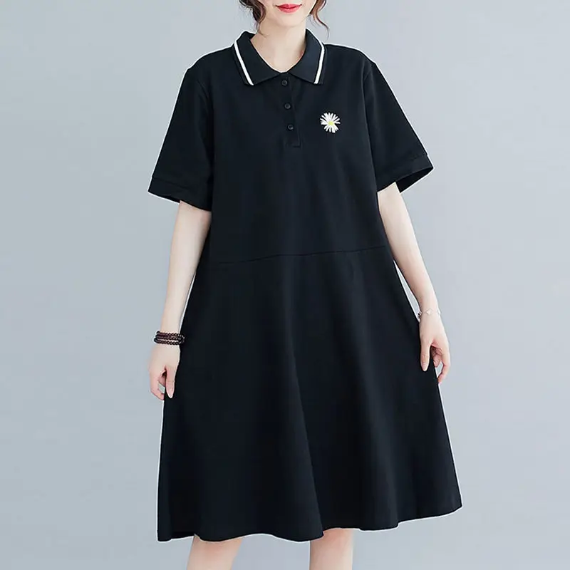 Frauen Kleidung Sommer Mode Stickerei Polo Kragen T-Shirt Kleider weibliche lässige Streetwear Kurzarm lose Midi-Kleid