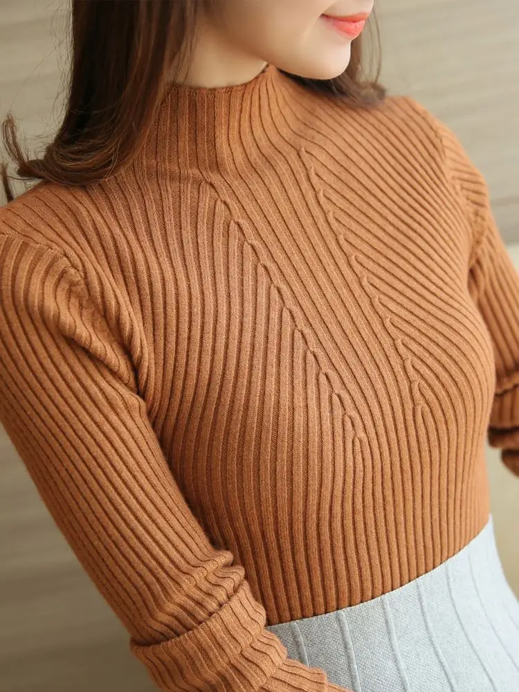 Suéteres de cuello alto para mujer, Jersey elástico de manga larga, Tops básicos de punto, Moda de Primavera y otoño, 2024