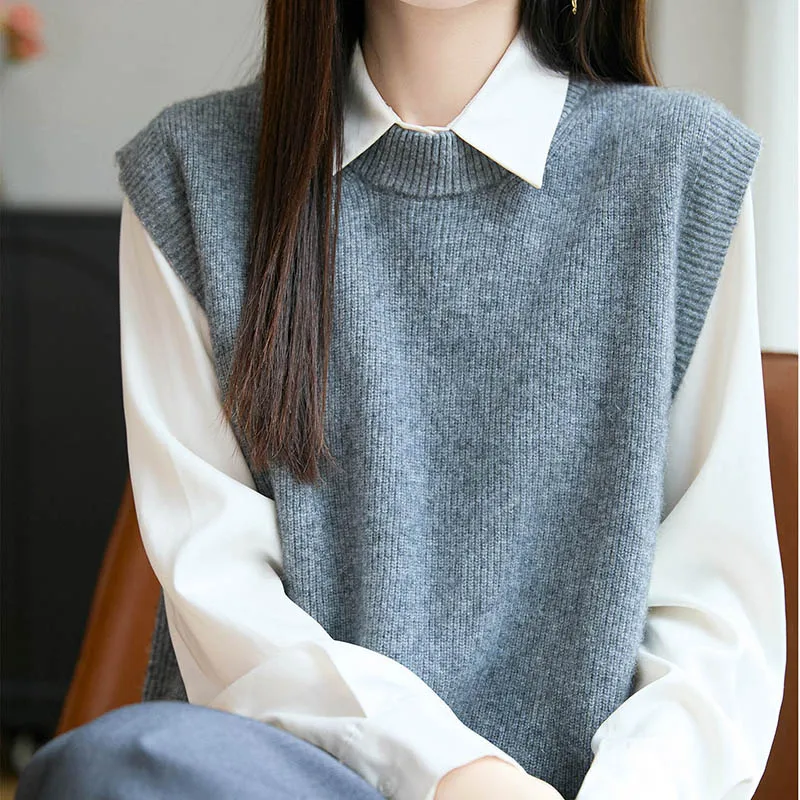 Новый пуловер, жилет из 100% мериносовой шерсти для женщин, однотонный вязаный свитер с круглым воротником, осень-зима, повседневный, удобный, приятный для кожи