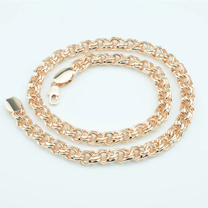 FJ Men Women 6mm Hip Hop Double Rolo Link Chain 585 Rose Gold Color Necklace 50+20cm Bracelet