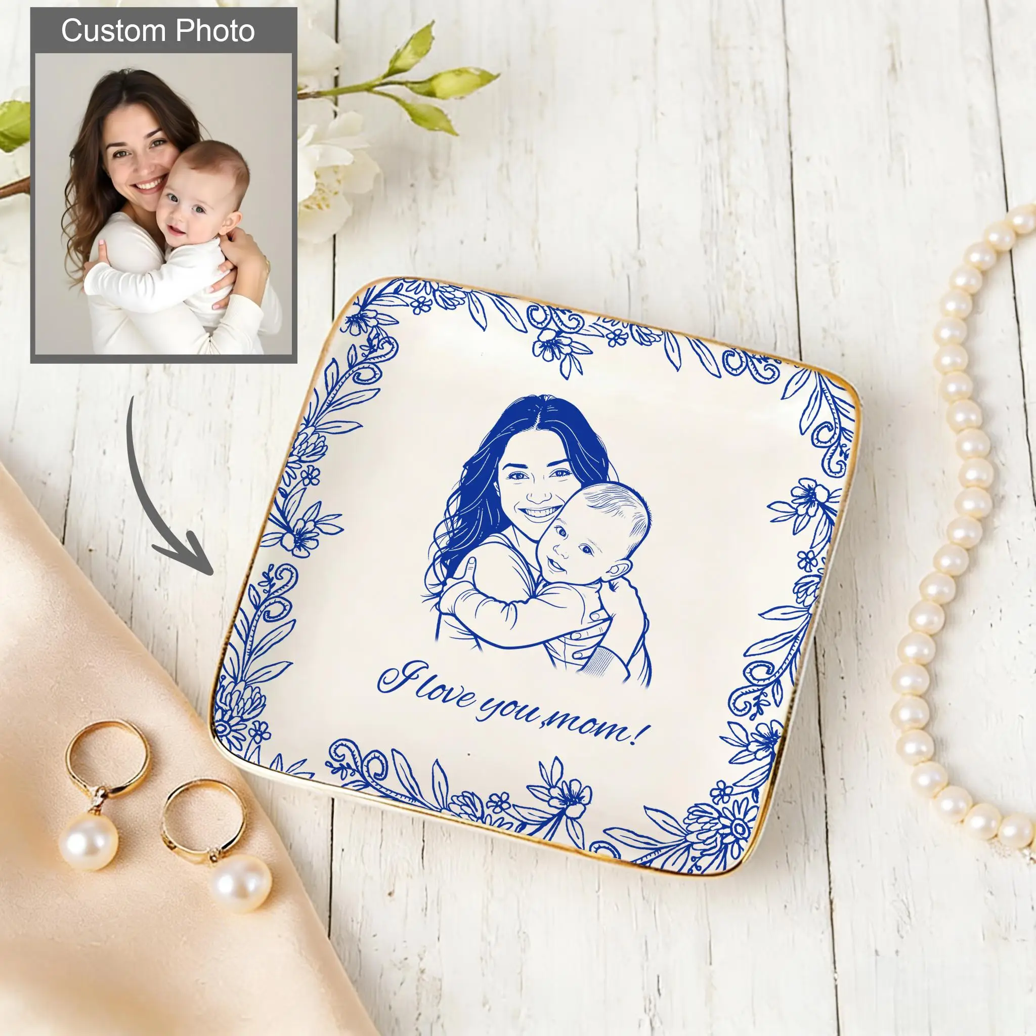 

Personalized Ceramic Photo Jewelry Dish, Family Photo Ring Dish, Personalized Portrait Trinket Tray, Gifts for Mom, Nanny, Famil