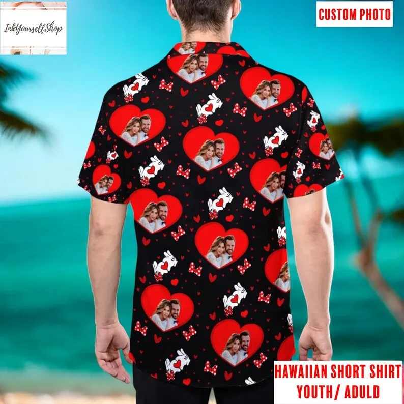 Custom Face I Love My BF GF Hawaiian Shirt For Men Women Personalized Photo Heart Pattern Short Sleeve Aloha Shirts For Couples