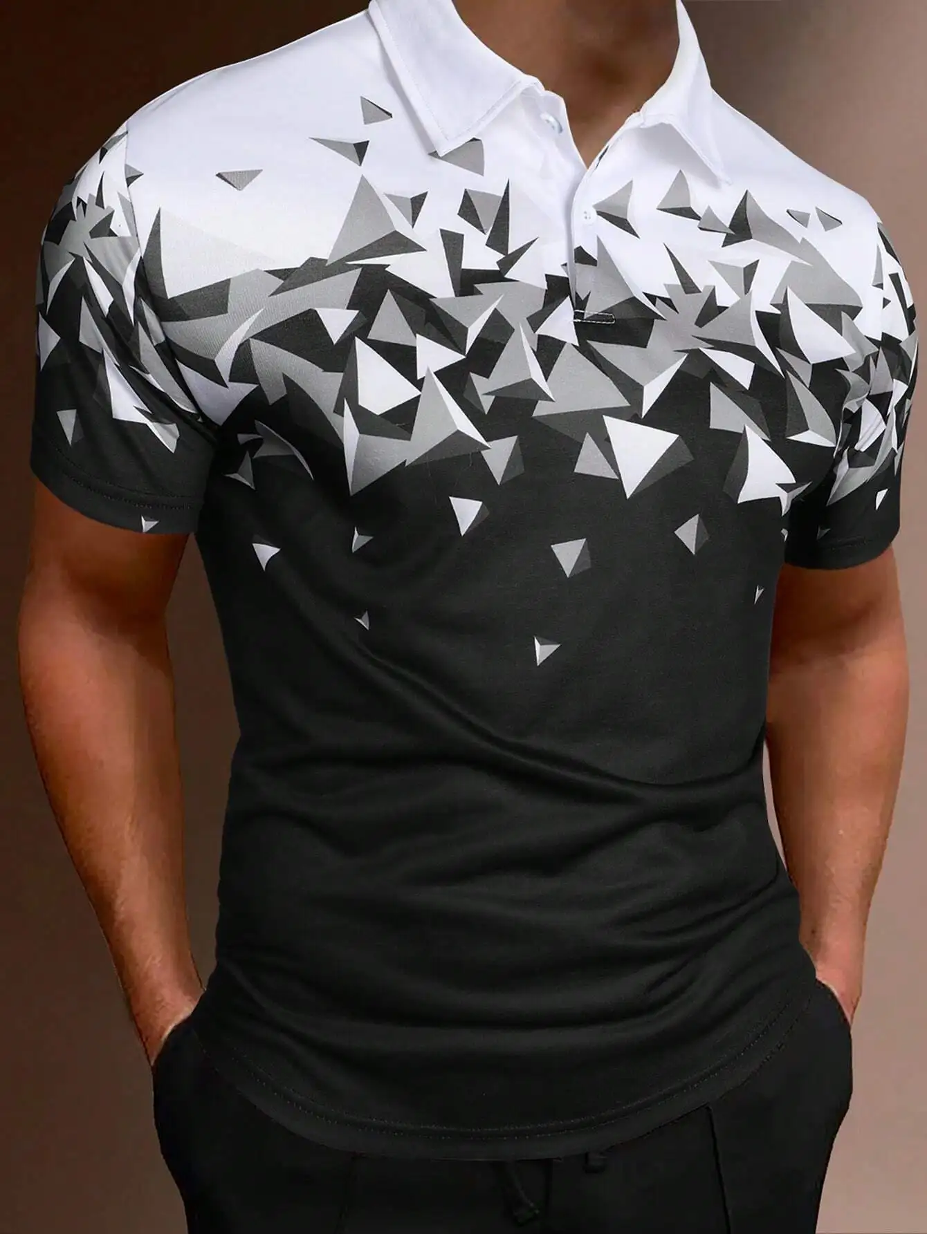 

Men's Geometric Print Half-Button Collar Casual Polo Shirt - Black & White