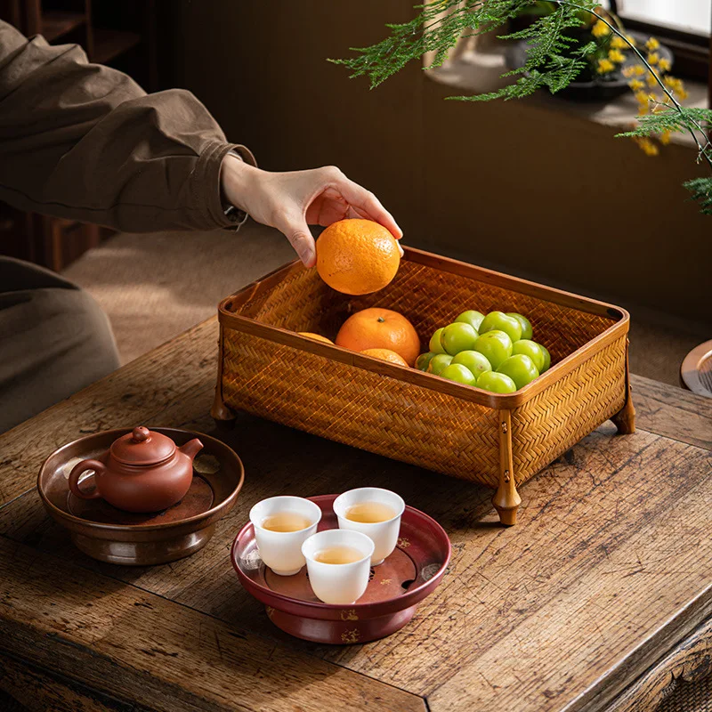 

Бамбуковая плетеная корзина в стиле ретро, корзина для хранения, корзина для фруктов ручной работы, чайный столик, чайный сервиз для хранения еды