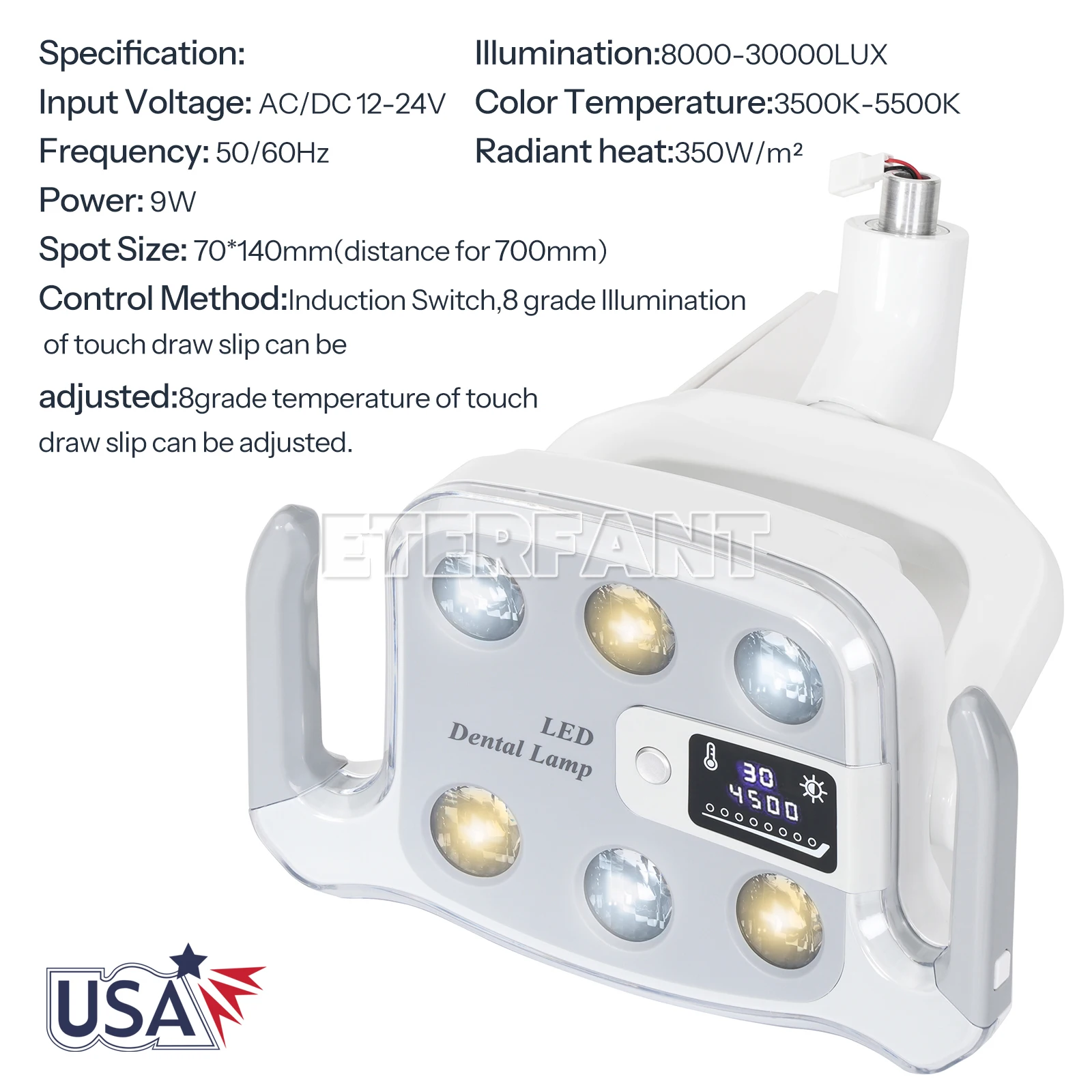 

ETERFANT 6 LED Dental Operation Light for Dental Unit Chair, 9W Oral Lampφ22mm Interface LCD Screen Adjustable