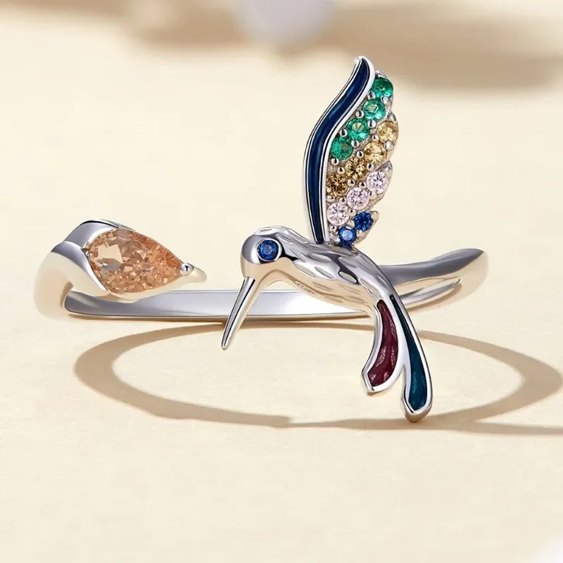 

New Elegant Silver Color Hummingbird Opening Ring Colorful Zircon Adjustable Rings for Women Wedding Party Jewelry Birthday Gift