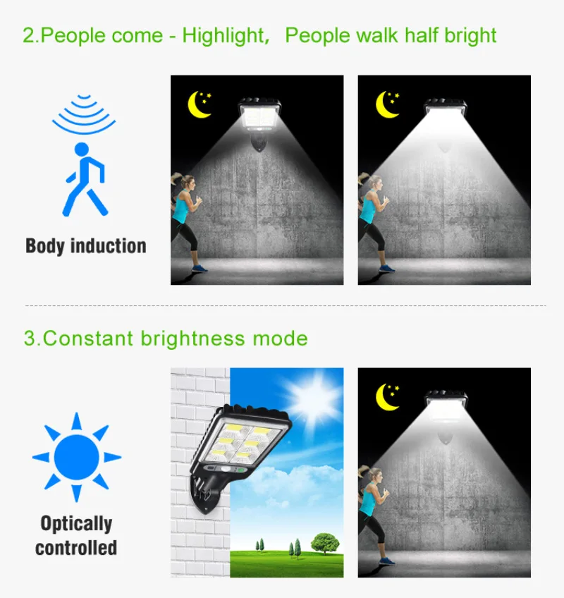 Lampu Jalan tenaga surya luar ruangan, lampu jalan tenaga surya dengan 3 mode cahaya tahan air Sensor gerak pencahayaan keamanan untuk taman teras jalan halaman