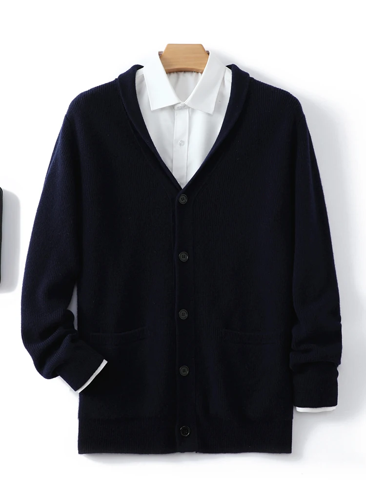 Роскошный мужской свитер из 100% мериносовой шерсти с v-образным вырезом, толстый вязаный теплый кардиган, осенне-зимняя кашемировая однотонная одежда с карманами