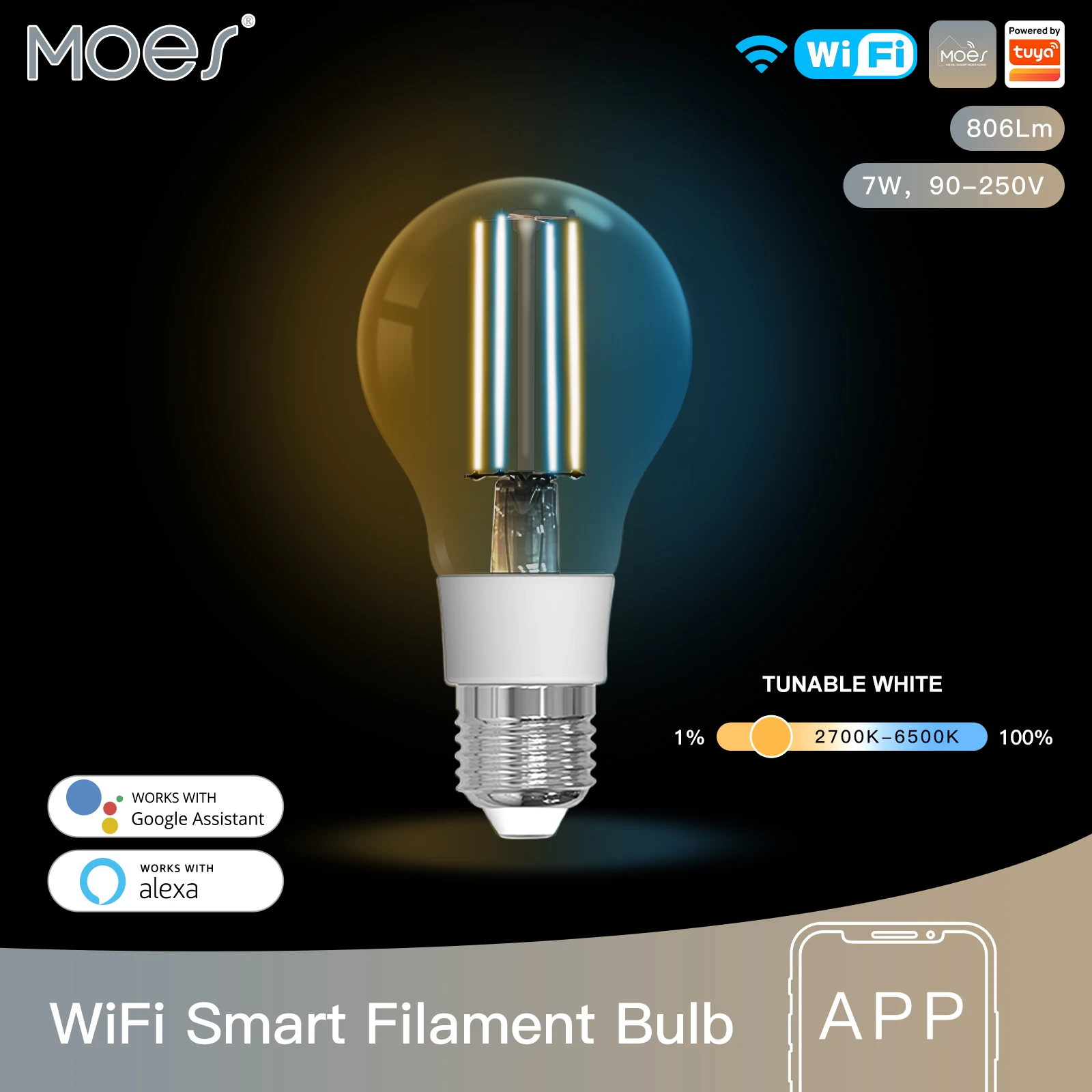 MOES-Lâmpada LED de Filamento Inteligente WiFi, Luz Regulável, Lâmpada E27, 2700K-6500K, 806Lm, Tuya Alexa, Controle de Voz do Google, 90-250V, 7W