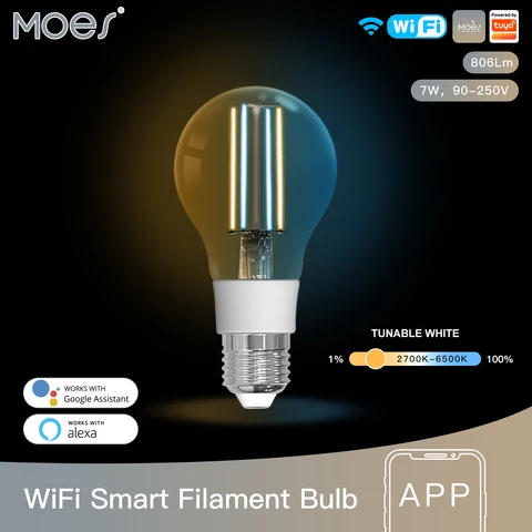 MOES WiFi Lâmpada de filamento inteligente LED Lâmpada de luz E27 Iluminação regulável 2700K-6500K 806Lm Tuya Alexa Google Controle de voz 90-250V 7W