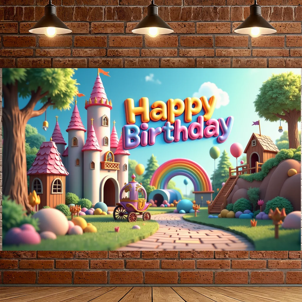 Happy Birthday Fantasy Castle Backdrop Rainbow Fairy Tale Theme Party Celebration Decoration Photo Booth Background Banner