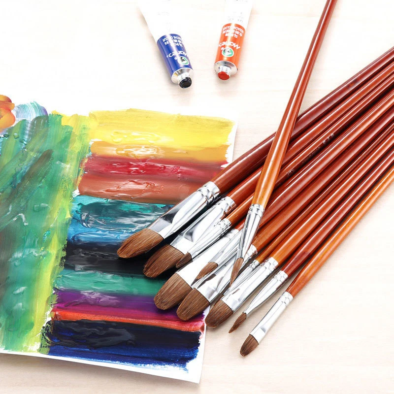 12pcs/Set High-grade Weasel Hair Oil Painting Brush Hazel Shap Row Pen Long Birch Rod Acrylic Drawing Art Supplies Artist Supply