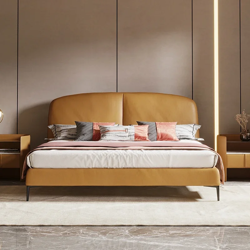 

Минималистичная кожаная двуспальная кровать Напа, кожаная пуховая большая кровать с верхним слоем