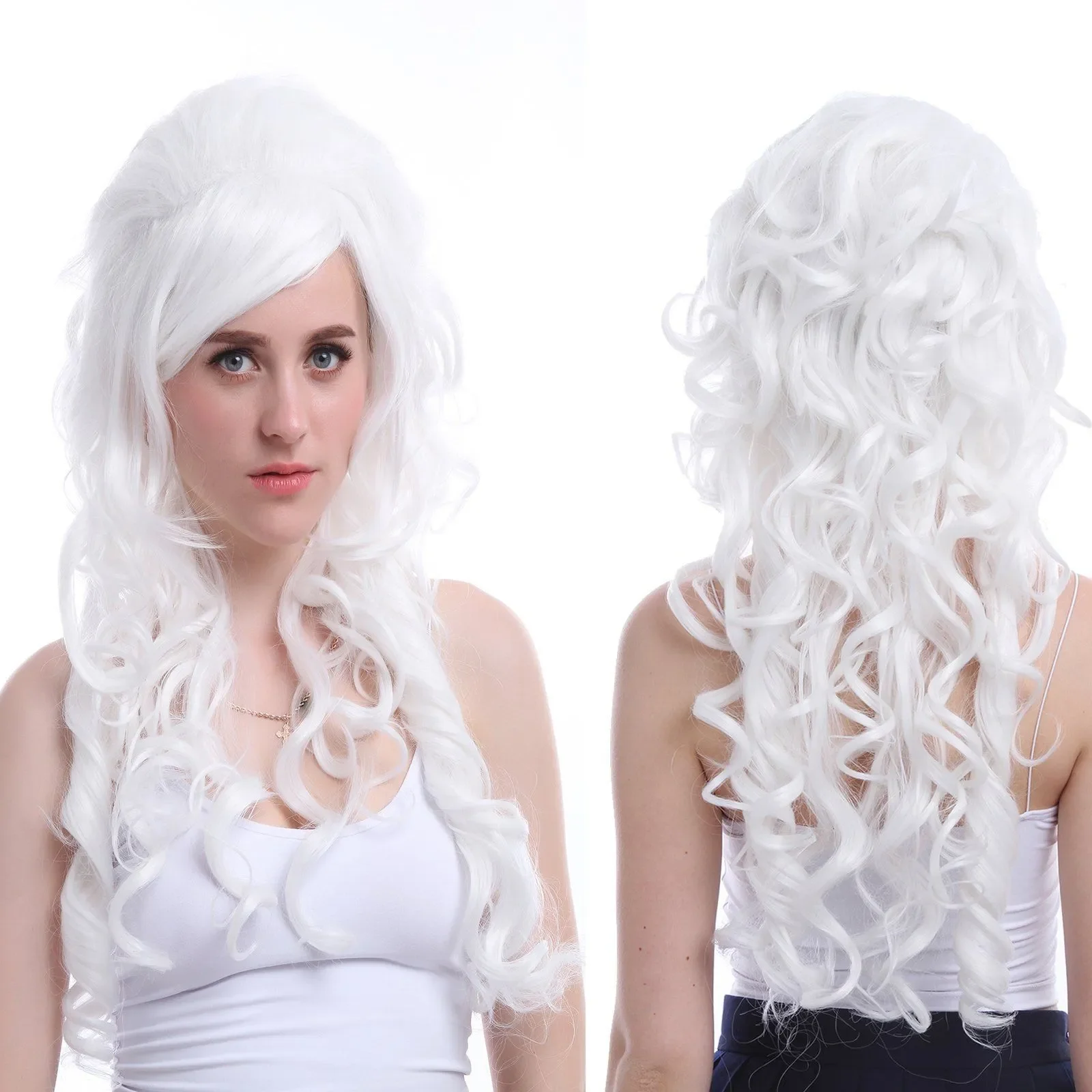 Free Shipping new Charm Women’s Long White curly Synthetic Cosplay Full Wig