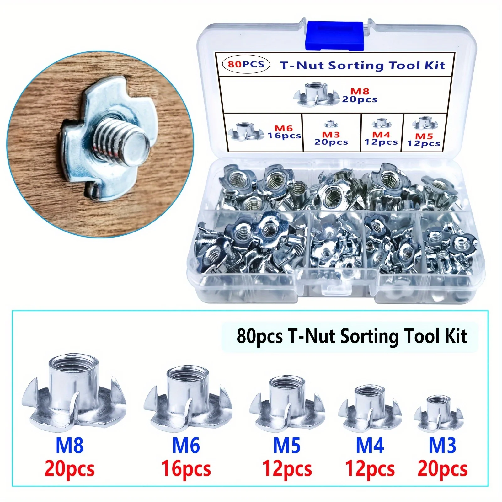 80PCS Nuts with 4 Impact Points for Climbing Brackets Cabinet & Woodworking Furniture Thread Insert Nuts
