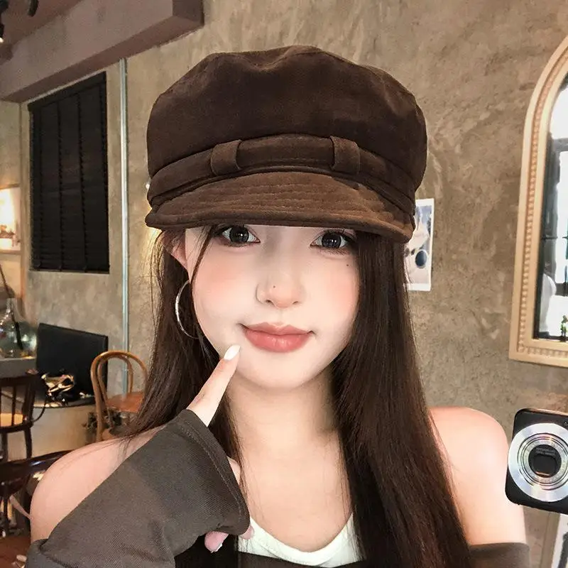 *Retro Suede Beret Hat For Women Flat Top Newsboy Cap Autumn Winter Briti Sle Casual Foldable Warm Hat