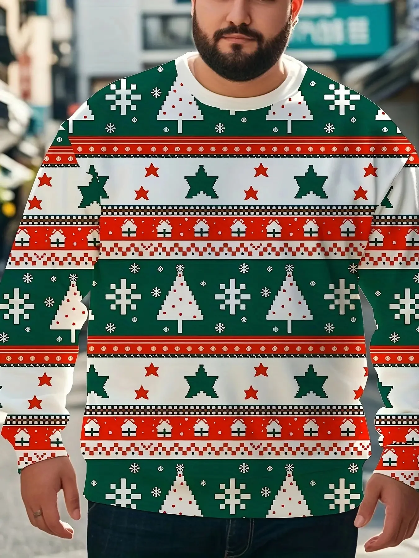 Neuer Herren-Weihnachts-Hoodie in Übergröße, 3D-Weihnachtsbaum, langärmelig, Rundhalsausschnitt, normale Version, Weihnachts-Design, Weihnachtspullover