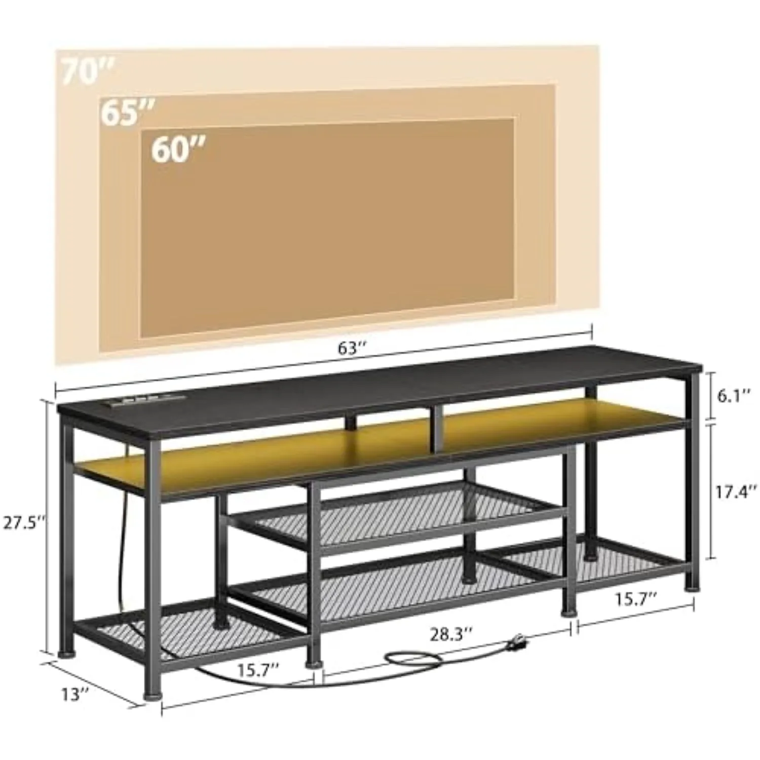 TV Stand with Power Outlets and LED Lights, 63 Inch Entertainment Center for 60 65 70 Inch TVs, Media Console Table